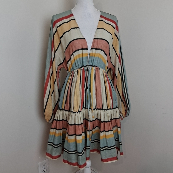 Zimmerman Cassia Draw Stripe Mini Linen Dress Size 2 - Picture 2 of 15